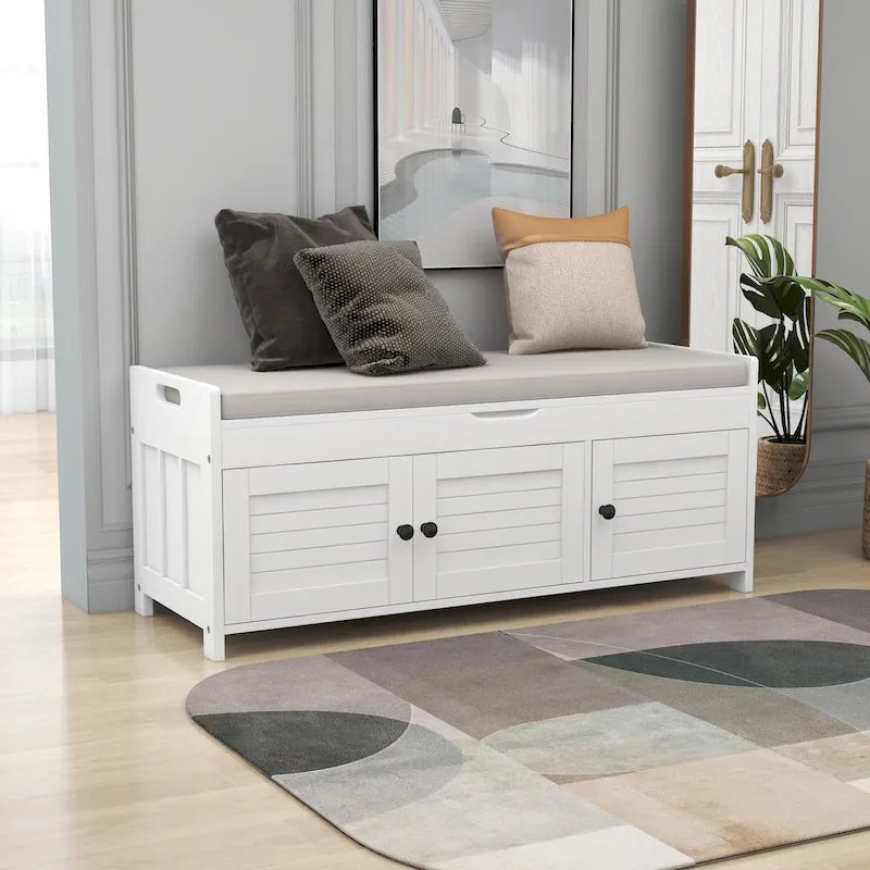 3-Door Shutter-Style Storage Bench with Removable Cushion & Hidden Compartment