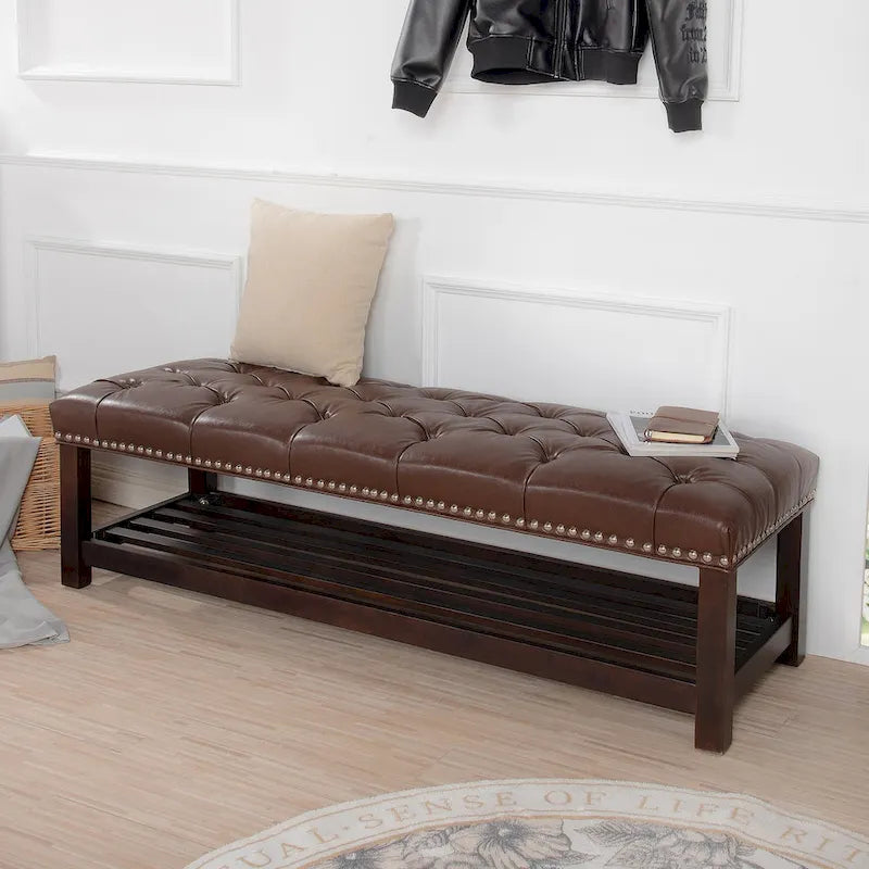 60" Upholstered Entryway & Bedroom Bench with Birch Wood Legs