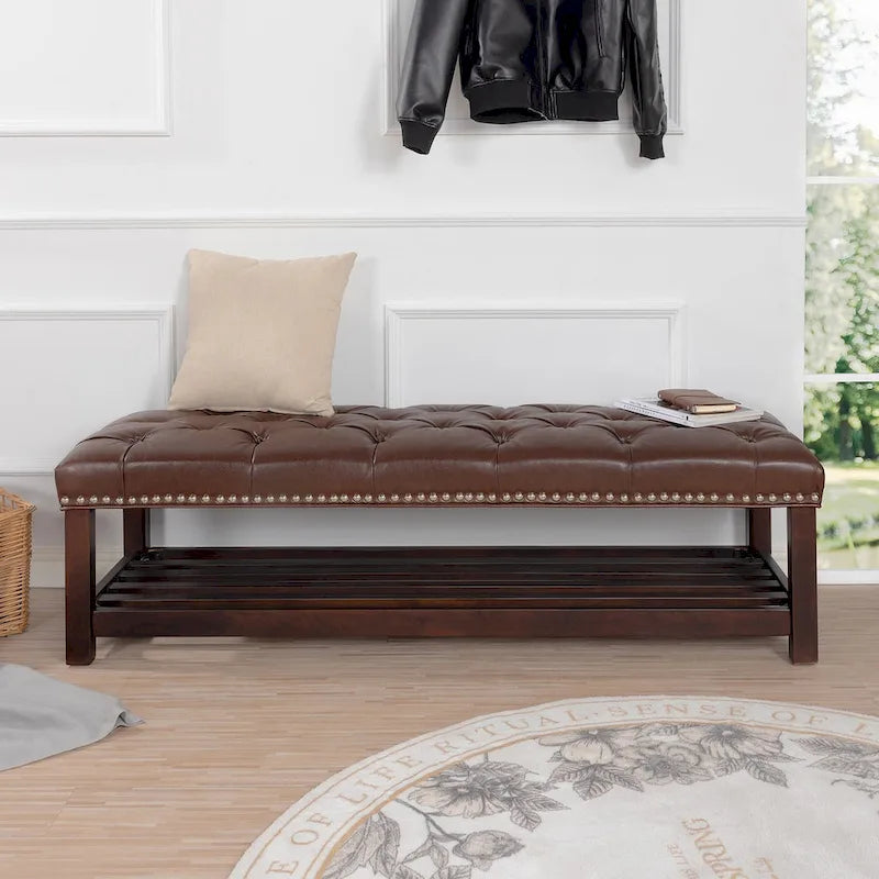 60" Upholstered Entryway & Bedroom Bench with Birch Wood Legs