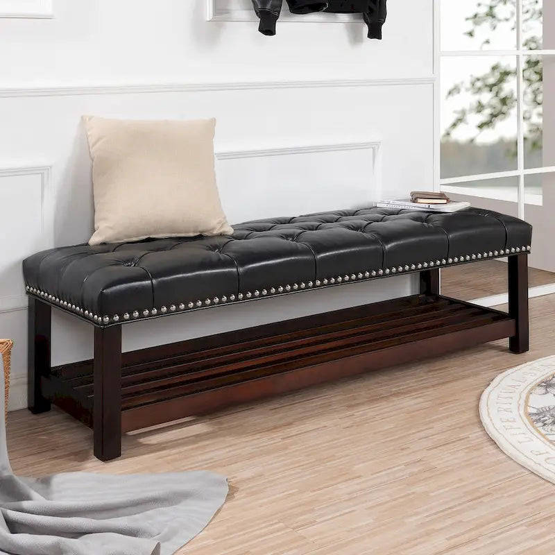 60" Upholstered Entryway & Bedroom Bench with Birch Wood Legs