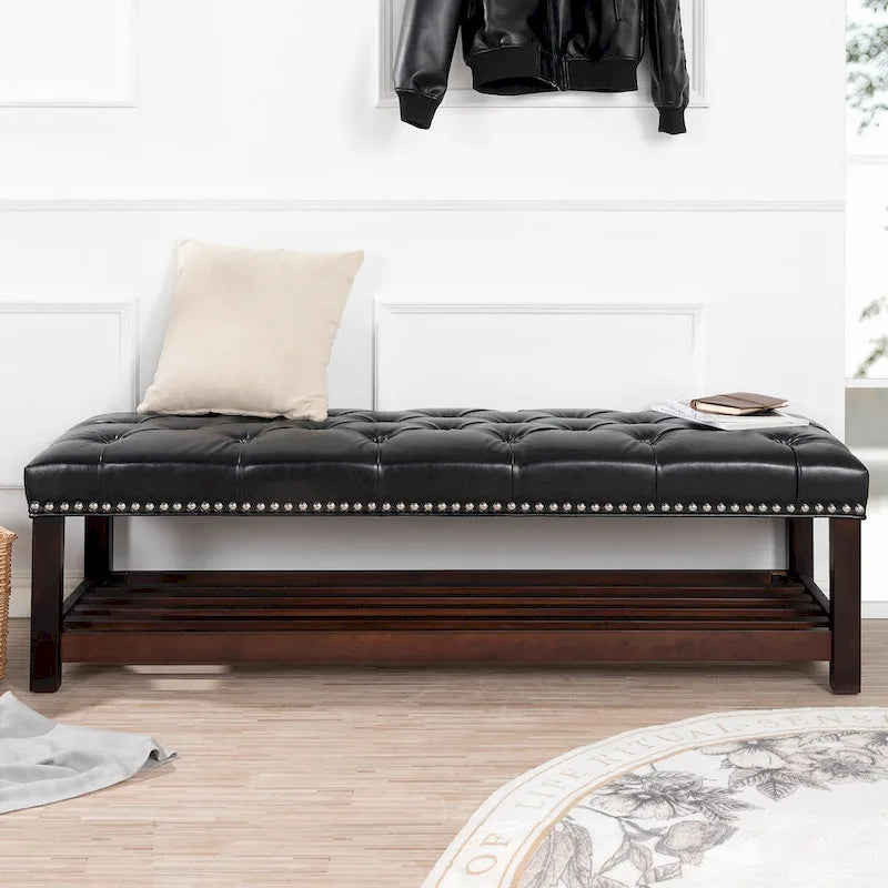 60" Upholstered Entryway & Bedroom Bench with Birch Wood Legs