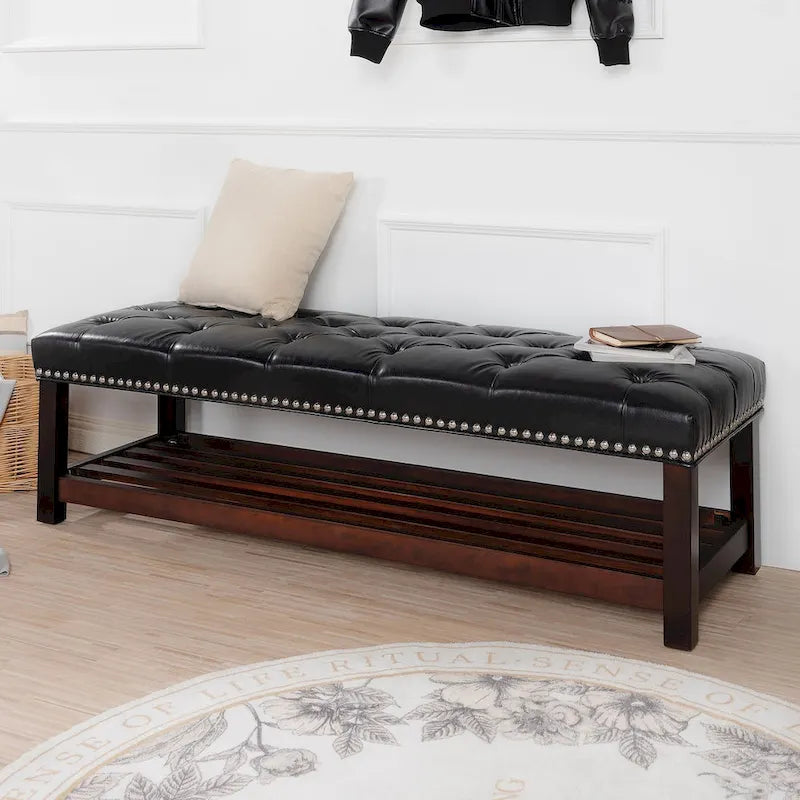 60" Upholstered Entryway & Bedroom Bench with Birch Wood Legs