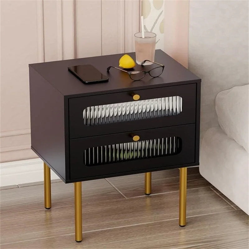 Nachttisch im Mid-Century-Stil mit geriffelter Glasschublade – Holz- und goldfarbenes Metallgestell