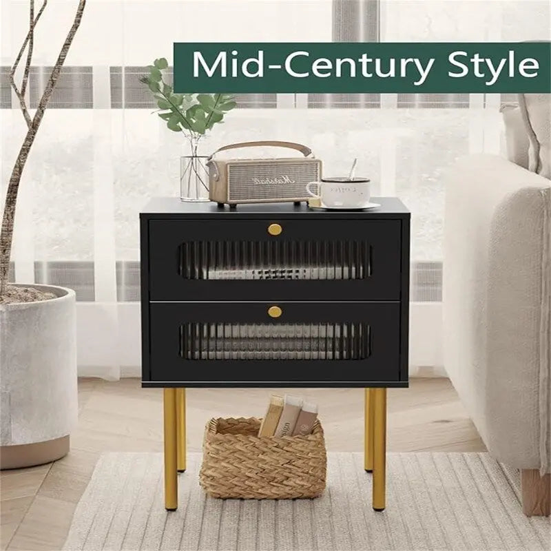 Noční stolek ve stylu mid-century s výsuvnou zásuvkou z rýhovaného skla – dřevěný rám se zlatým kovem
