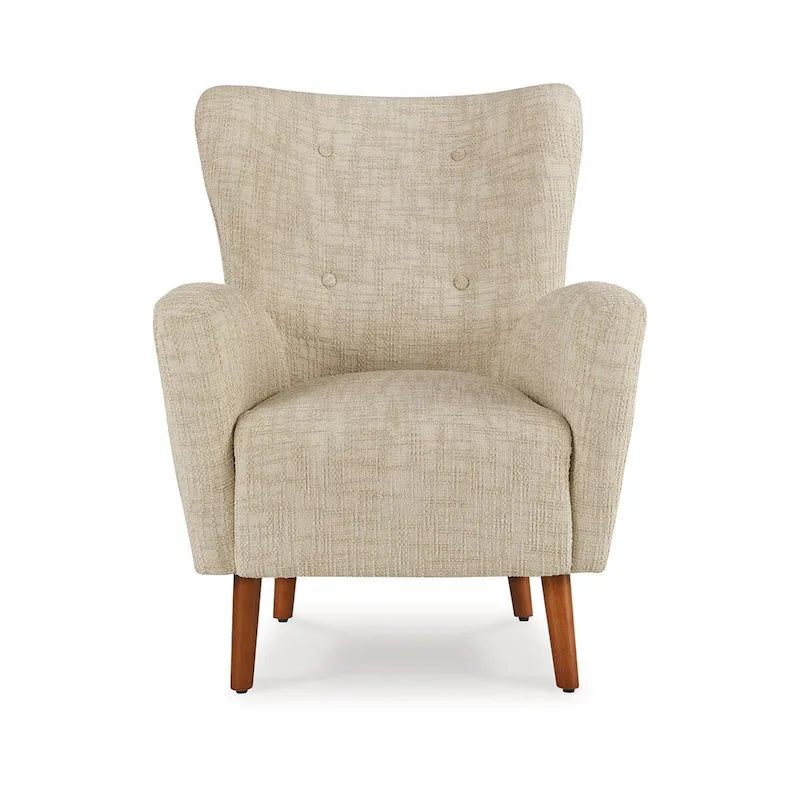 High-Back Accent Armchair with Button Tufting & Tapered Wood Legs – Beige Performance Fabric