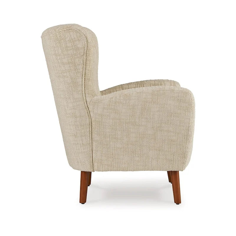 Fauteuil d'appoint à dossier haut capitonné à boutons et pieds en bois effilés – Tissu beige haute performance