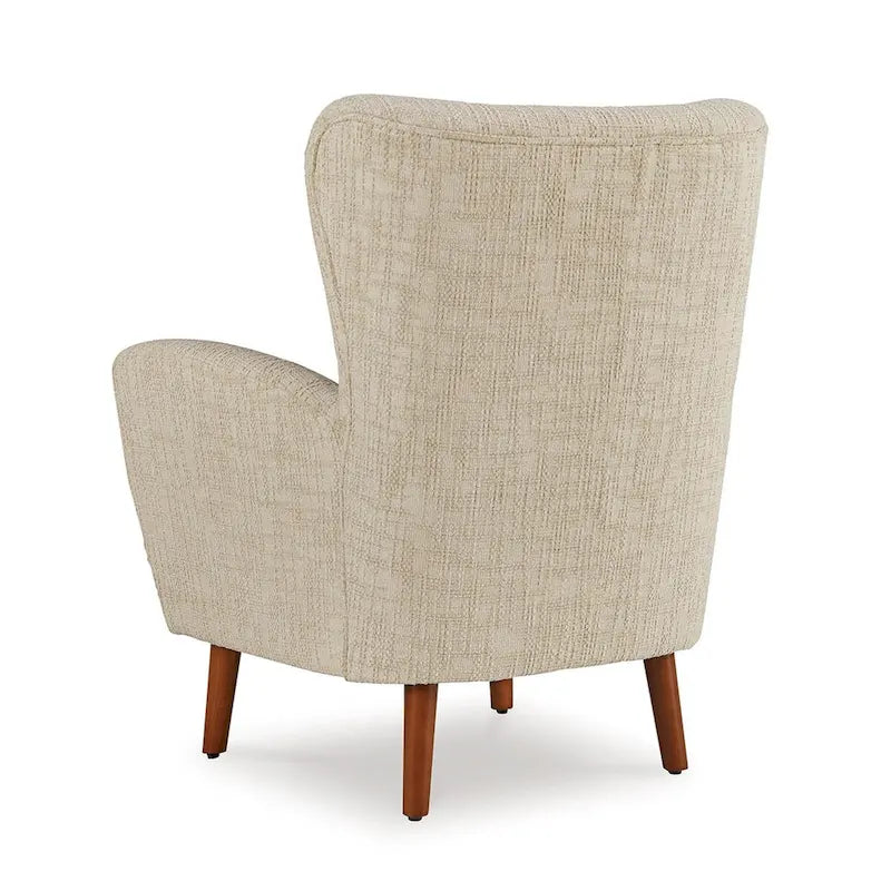 Fauteuil d'appoint à dossier haut capitonné à boutons et pieds en bois effilés – Tissu beige haute performance