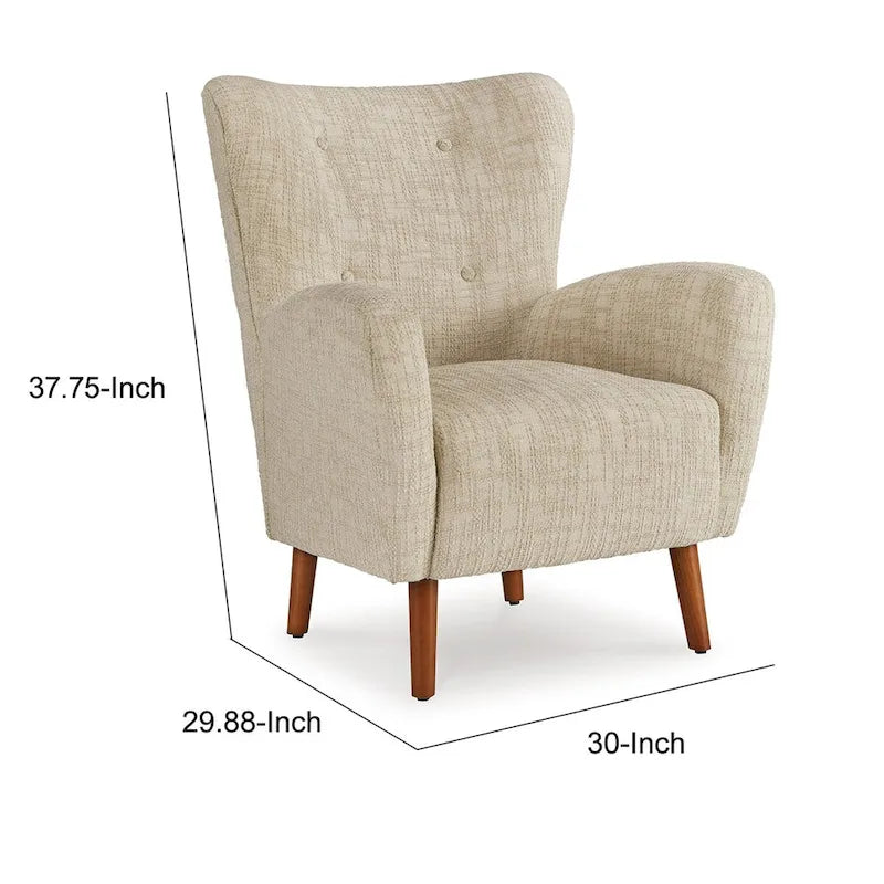 Fauteuil d'appoint à dossier haut capitonné à boutons et pieds en bois effilés – Tissu beige haute performance