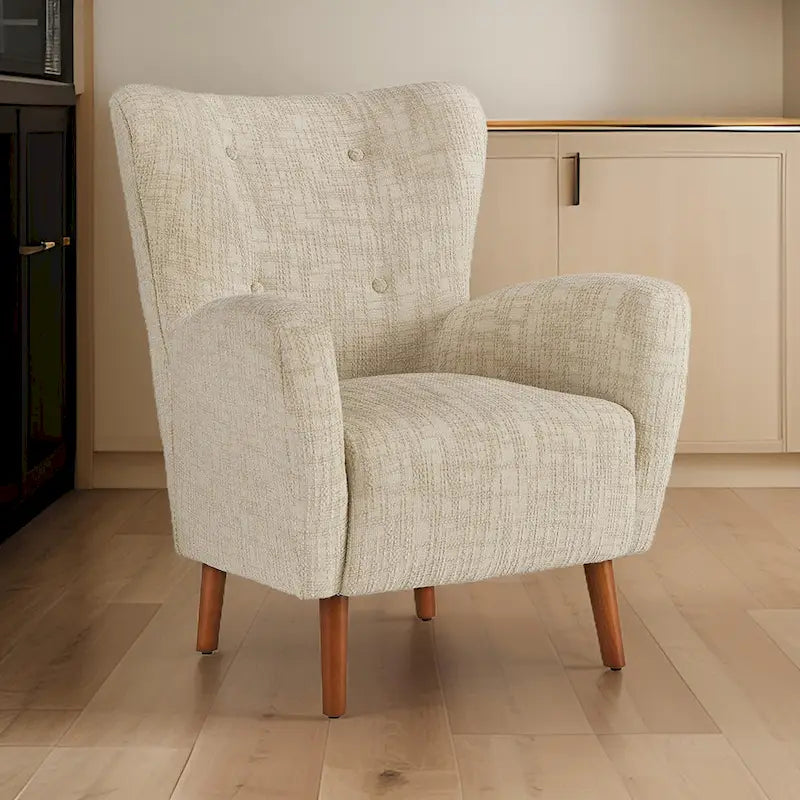 Fauteuil d'appoint à dossier haut capitonné à boutons et pieds en bois effilés – Tissu beige haute performance
