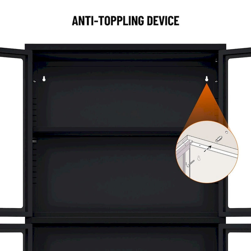 Aufbewahrungsschrank mit 4 Türen aus gehärtetem Glas und höhenverstellbaren Stahlböden