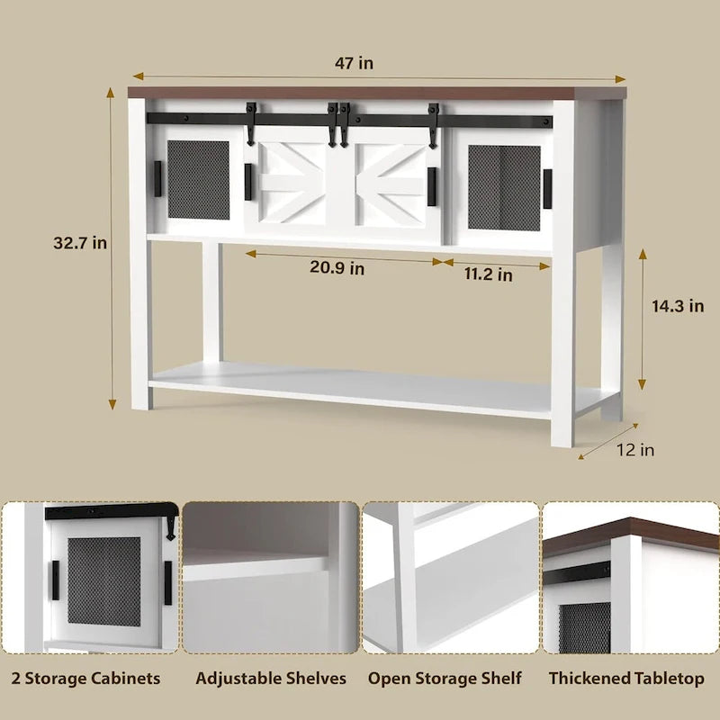 47-Zoll-Konsolenschrank im Landhaus-Industrie-Stil mit Schiebetüren im Scheunentor-Design und offenem Regal