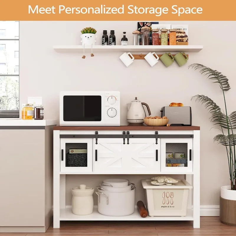 47-Zoll-Konsolenschrank im Landhaus-Industrie-Stil mit Schiebetüren im Scheunentor-Design und offenem Regal