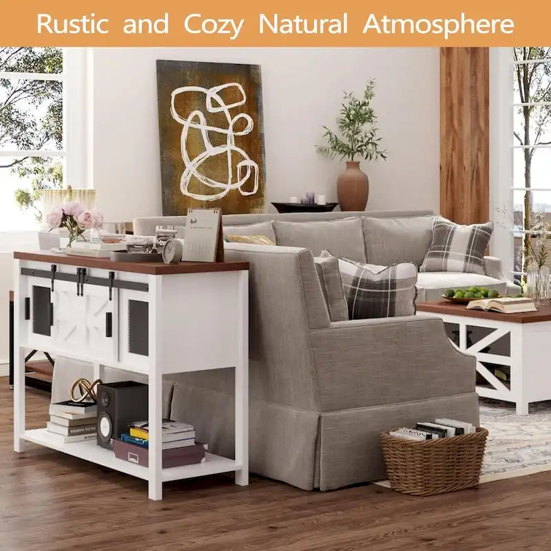 47-Zoll-Konsolenschrank im Landhaus-Industrie-Stil mit Schiebetüren im Scheunentor-Design und offenem Regal