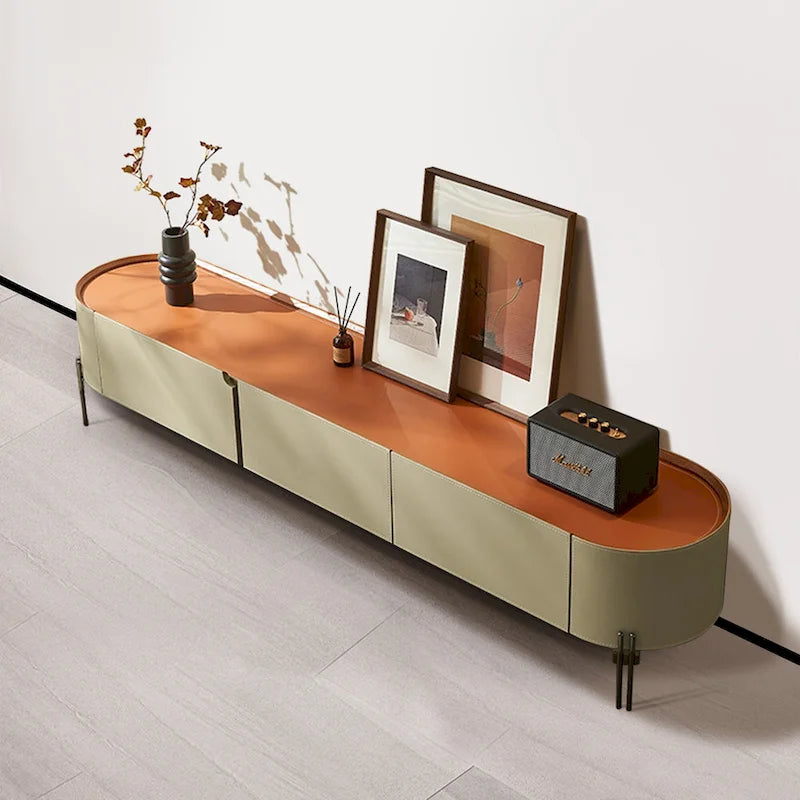 Mobile TV moderno di lusso con 3 cassetti, impiallacciatura in pelle color cuoio e gambe in acciaio inossidabile