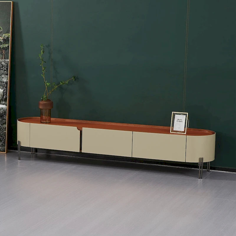 Moderner luxuriöser TV-Ständer mit 3 Schubladen, Sattellederfurnier und Beinen aus Edelstahl