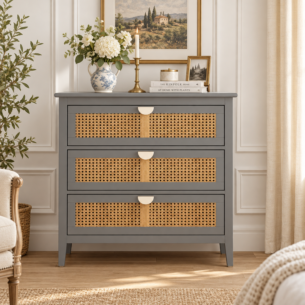 Gray Rattan Dresser Square Scene