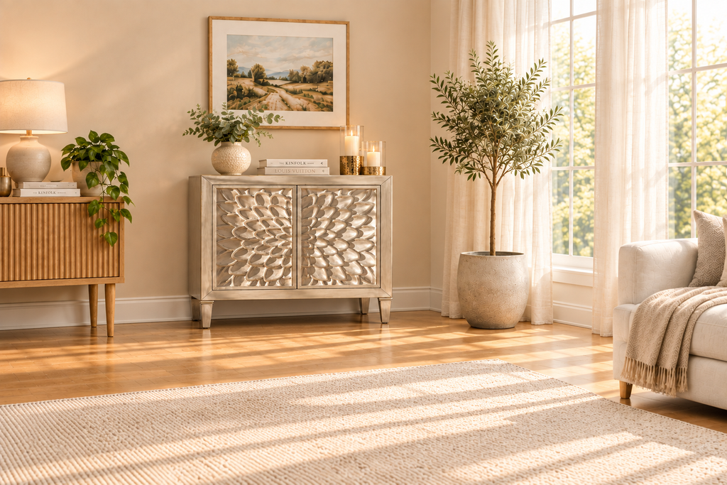 Silver Cabinet Warm Living Room Scene
